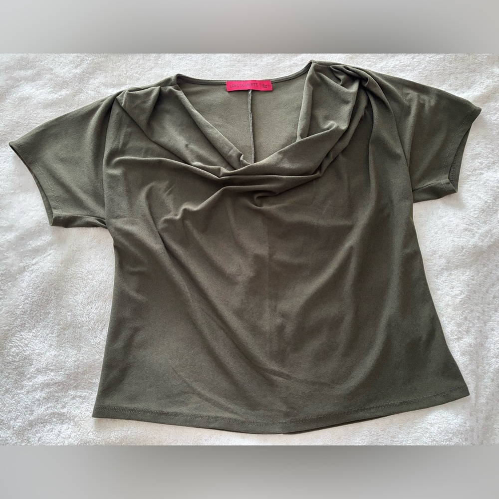 Love Scarlett Draped Short Sleeve Blouse Olive Green Medium